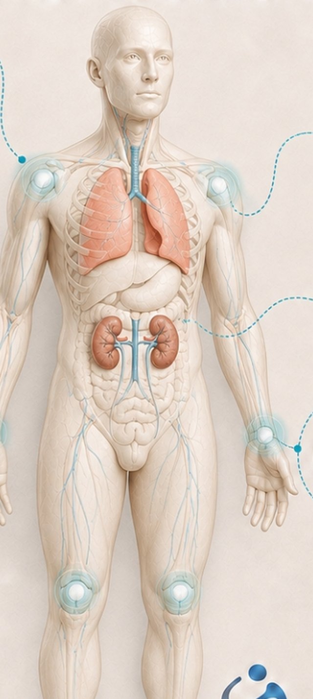 Ilustración anatómica del cuerpo humano con pulmones, corazón y riñones visibles
